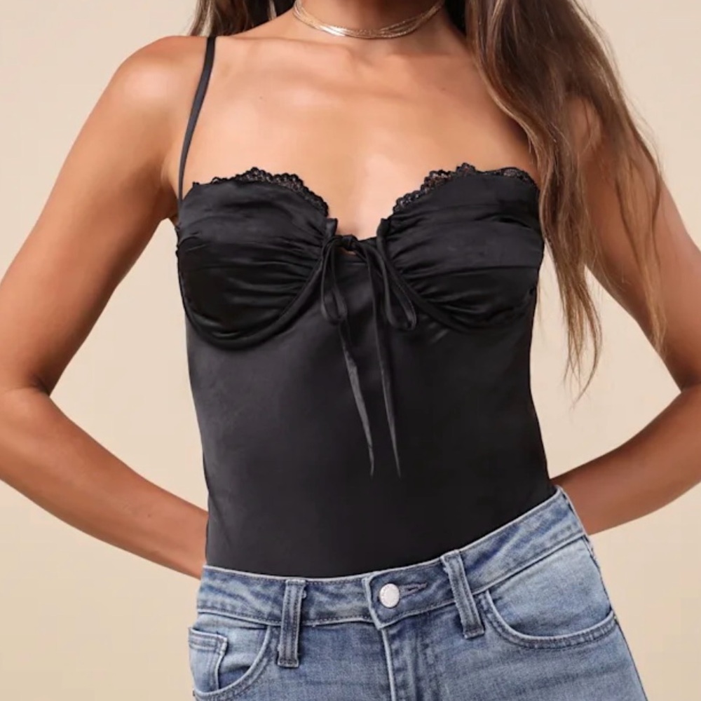 Stunning Choice Black Satin Tie-Front Lace Cami Bodysuit